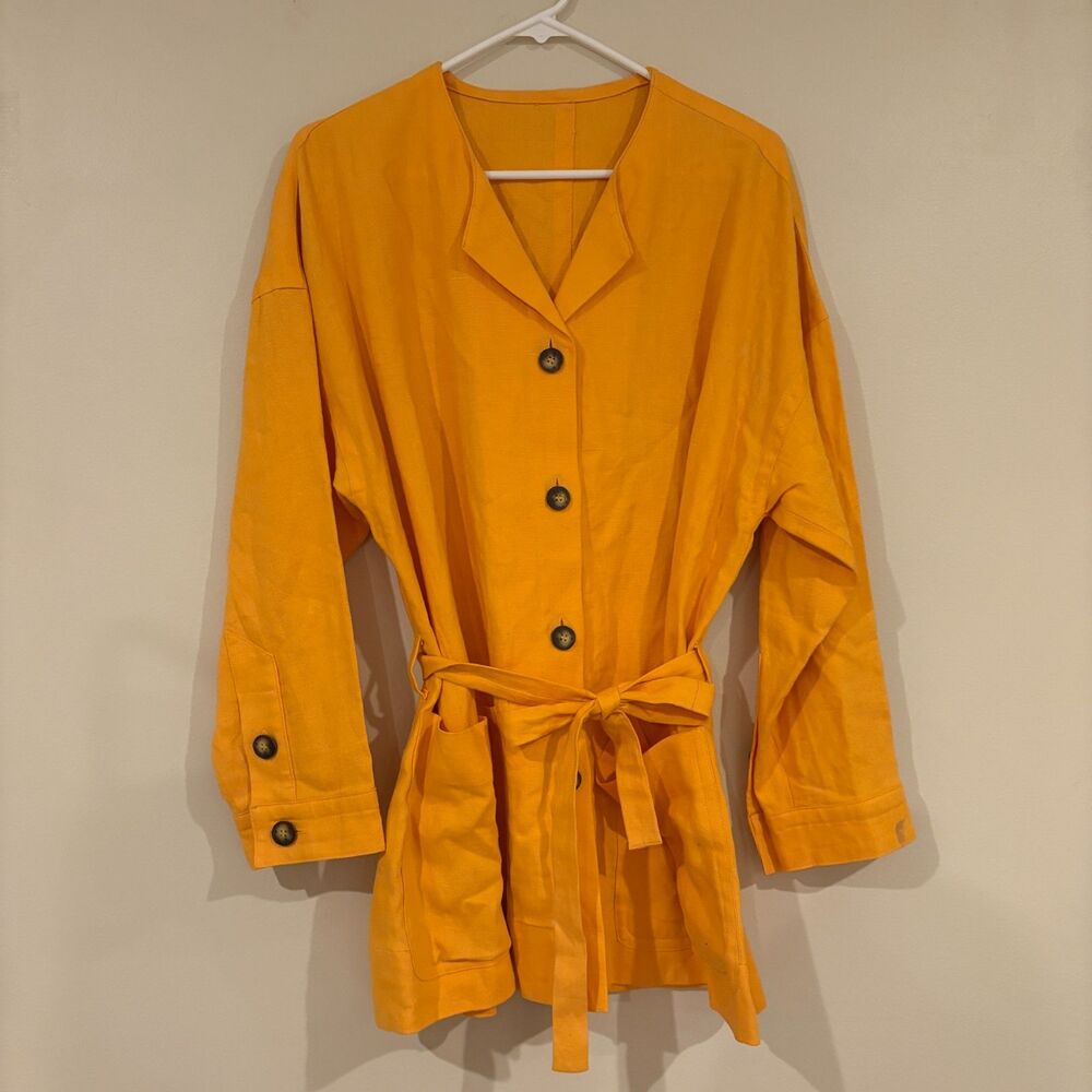 Vintage Linen Long Sleeve Button Front Belted Blouse Orange - Picture 7 of 7